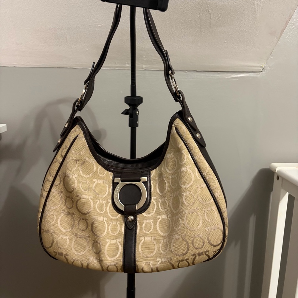 Salvatore Ferragamo Gancini Shoulder Bag Canvas Beige